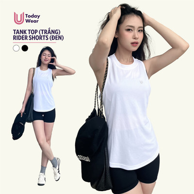Bộ đồ thể thao nữ tập gym yoga áo Tank Top trắng mix quần Rider đen Today U Wear