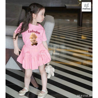 Set áo cotton in hình Labubu mix chân váy rập ly màu hồng Melisa cho bé gái size từ 12-45 cân