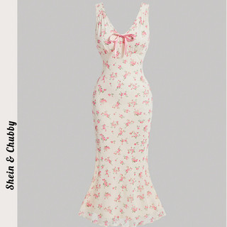 [Bigsize 45-80kg / Order] Đầm voan nhẹ hoa Boho dáng dài đuôi cá cổ V dây đính nơ