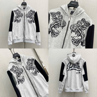  Áo khoác hoodie zip nam nữ Philipp Plein thân xám thêu hình hổ vằn phối tay đen in chữ lưng logo mũ cho các boy phố 2024 