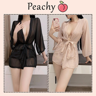  Áo choàng ngủ dài tay voan xuyên thấu siêu hot gợi cảm áo khoát ngoài nữ có dây cột bụng đen nude quyến rũ PEACHY P132 