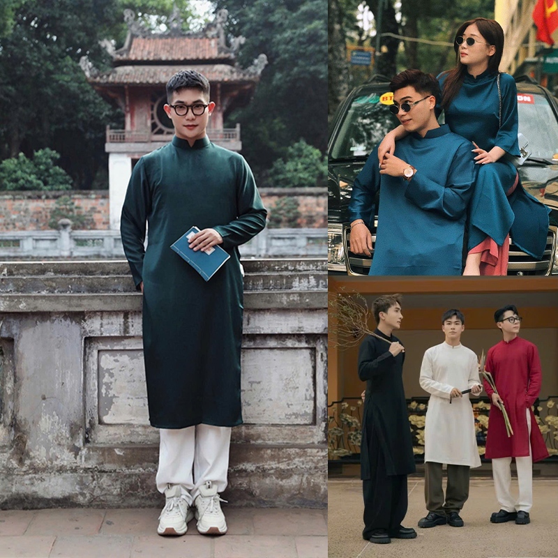 Áo Dài Nam Cách Tân Dáng Suông Xưa Lụa Mềm Mặc Tết Đẹp ADN04