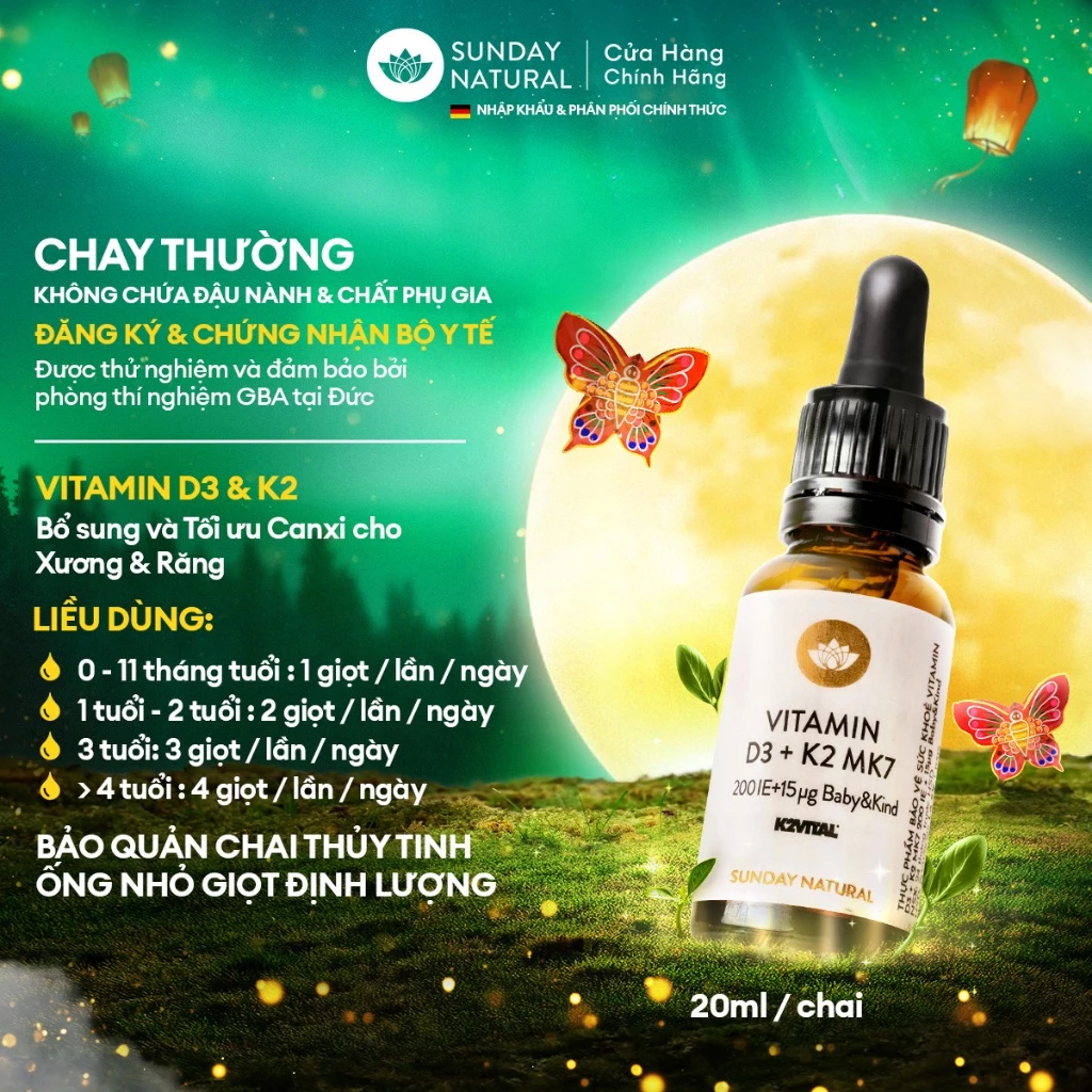 Vitamin D3 K2 Mk7 Sunday Natural Đức, vitamin cho bé 20ml giúp bổ sung dinh dưỡng cho trẻ