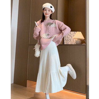 Chân váy len INFLACHI nữ midi xòe gân dáng dài chất dệt kim hàng Quảng Châu co dãn tôn dáng thời trang thu đông N161