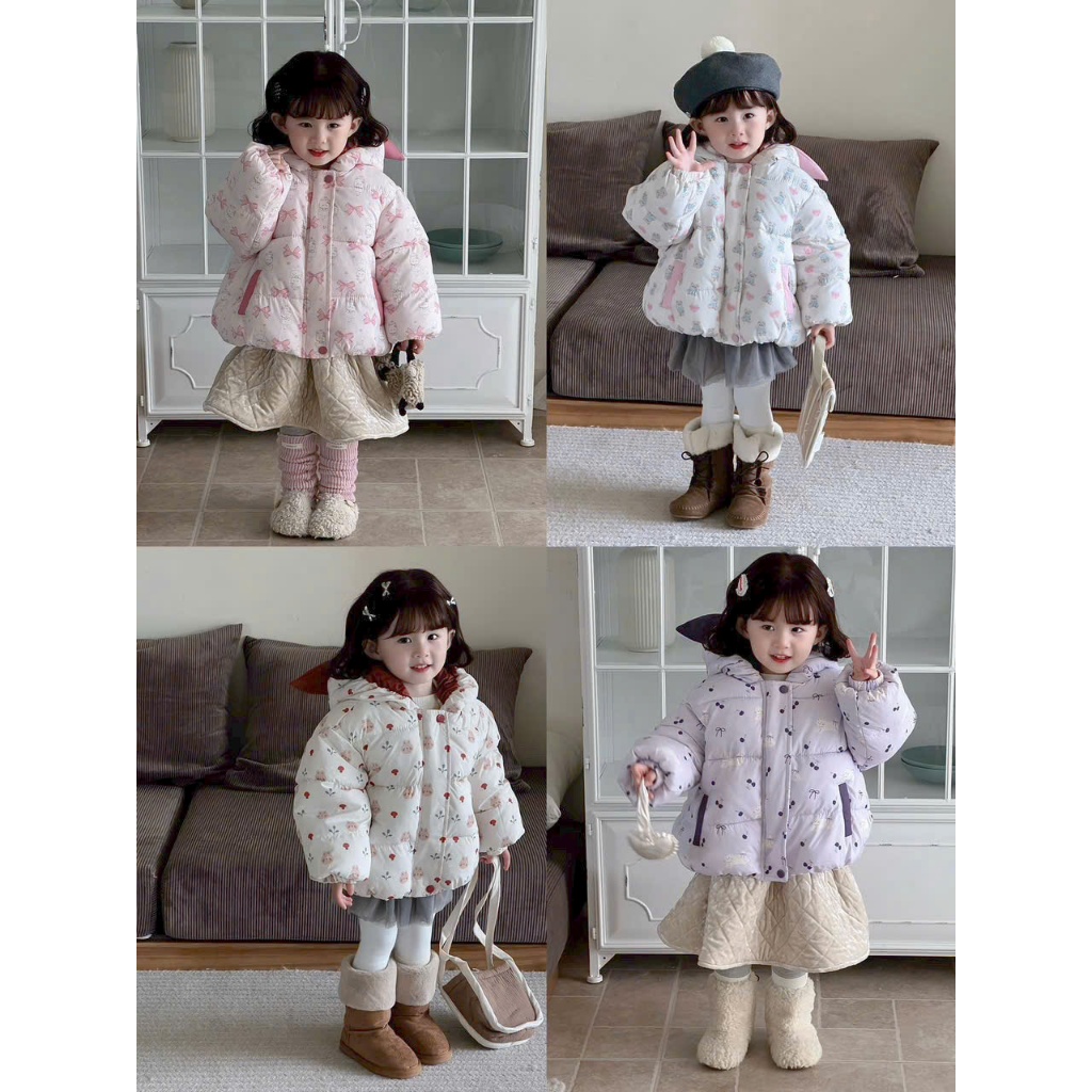 Áo phao tai thỏ QCCC siêu nhẹ, dày dặn trong lót lông ấm áp, màu xinh xỉu cho bé gái từ 10->24 kg