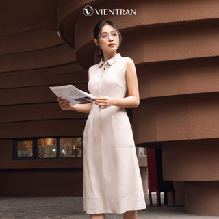 Đầm sát nách cổ đức túi ốp diễu chỉ VIENTRAN - V63M23H009