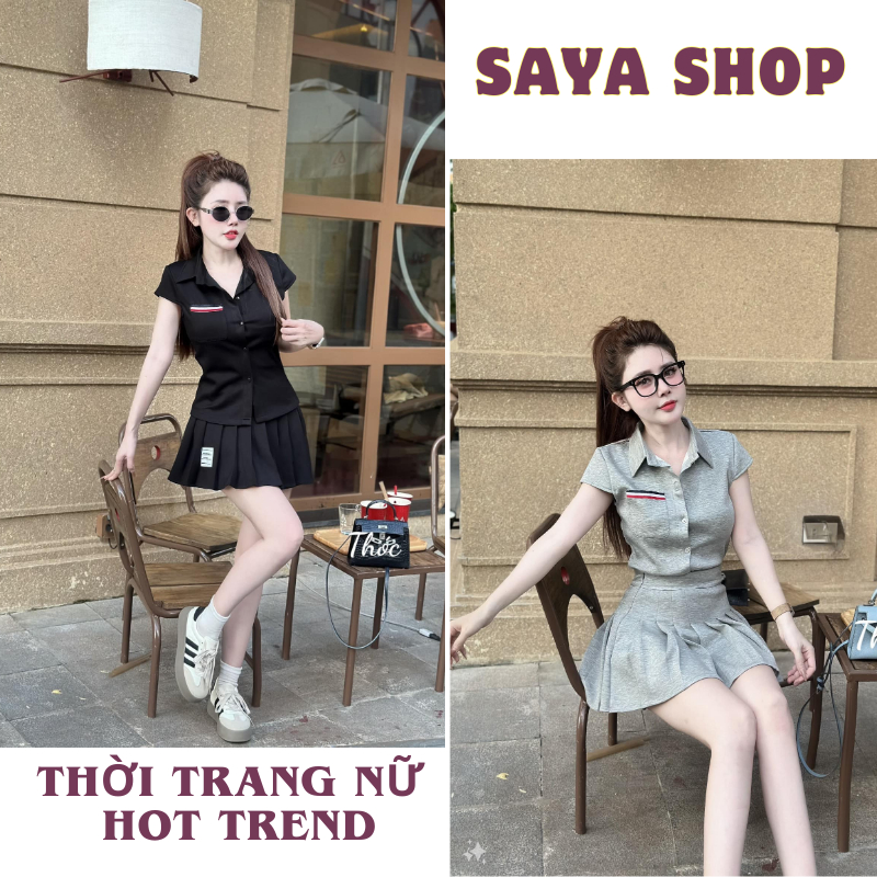 Set đồ nữ bộ đồ nữ set thorm sơ mi mix chân váy xếp ly cạp chun SaYa Shop HCOM2644