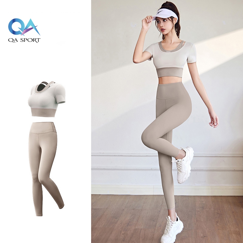 Set Tập Gym Yoga Pilates Nữ Vải Co Giãn 4 Chiều Có Mút Ngực Bộ Quần Dài Áo Croptop Ngắn Tay - QA5