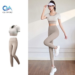 Set Tập Gym Yoga Pilates Nữ Vải Co Giãn 4 Chiều Có Mút Ngực Bộ Quần Dài Áo Croptop Ngắn Tay - QA5