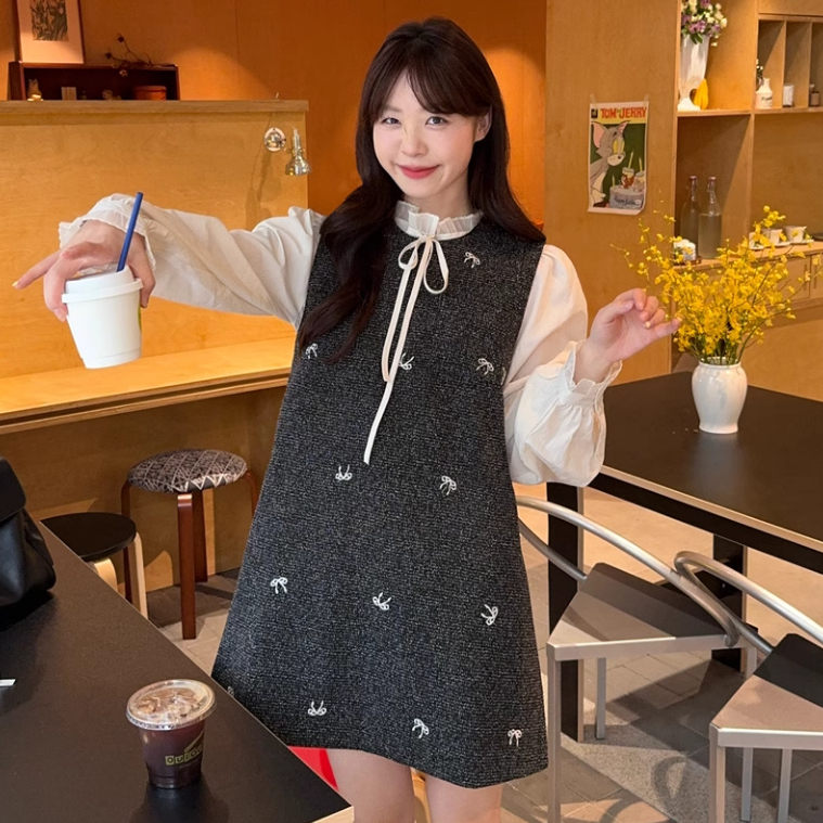 Set váy đầm vest không tay mix áo sơ mi cổ ren, sơ mi nữ mix váy yếm form suông chữ A 5313