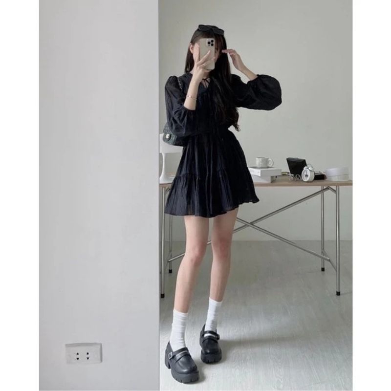 [CÒN HÀNG] VÁY BÁNH BÈO BABYDOLL DÀI TAY TƠ MÀU ĐEN NỮ TÍNH