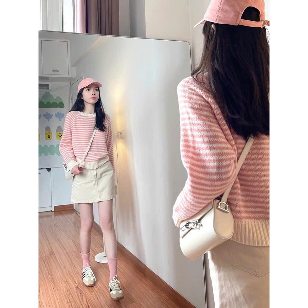 Áo dài tay nữ Kimi Sweater chất len lông thỏ mềm mại ấm áp, Áo Sweater nữ sọc hồng trẻ trung thời trang HEBE | BigBuy360 - bigbuy360.vn