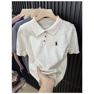 Áo len dệt kim INFLACHI tay ngắn polo thêu logo ngựa có cổ bẻ khuy cài cúc đỏ hàng thời trang QCCC cho nữ N118