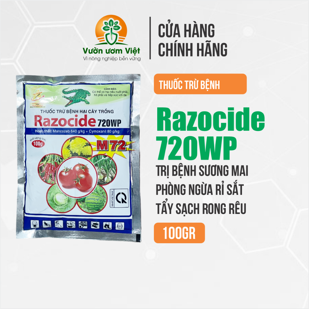 Thuốc trừ bệnh RAZOCIDE 720WP trị úng lá, chảy mủ, thối rễ, bạc lá, rỉ sắt trên cây trồng - 100gr