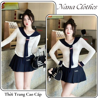 Set đồ nữ áo thun trơn kèm khăn quàng mix chân váy xếp ly Nana Clothes, đồ bộ nữ chất liệu cao cấp hot trend HCOM3031