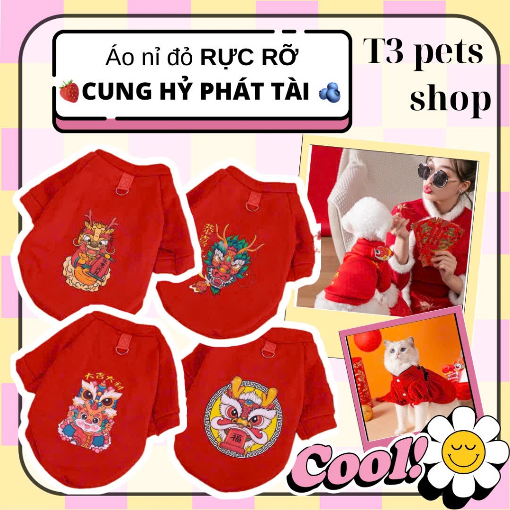E. Áo nỉ - áo ấm - áo in hình Hạnh phúc, May mắn và Thịnh Vượng ngày TẾT 2026 dành cho chó mèo - T3 PETS SHOP
