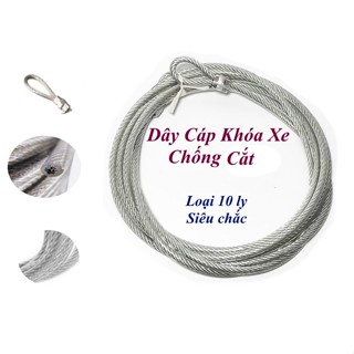 Dây cáp khóa xe Loại 10 ly Dài từ 60cm đến 3m Bọc nhựa Lõi cáp thép Siêu bền, Siêu chắc, An toàn, Chống cắt, Chống trộm