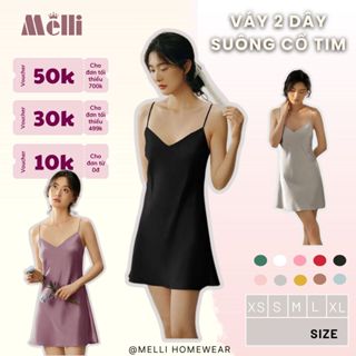Váy đầm ngủ 2 dây dáng ngắn lụa pháp cổ tim cao cấp, Đồ sexy mặc nhà 2 lớp trơn mềm mại thỏa mái V12