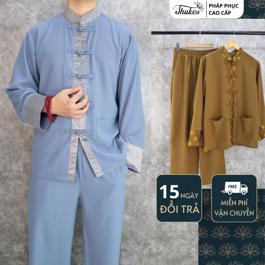 Pháp phục đi chùa đồ lam mẫu dài tay THUKEO cổ tàu hoạ tiết vân chất liệu Cotton cao cấp cho nam