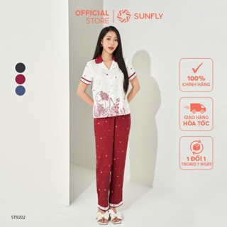 Bộ pijamas nữ SUNFLY lụa satin jacquard ht áo cộc quần dài ST9202 đồ bộ nữ đồ mặc nhà chất cao cấp, hoạ tiết sang trọng