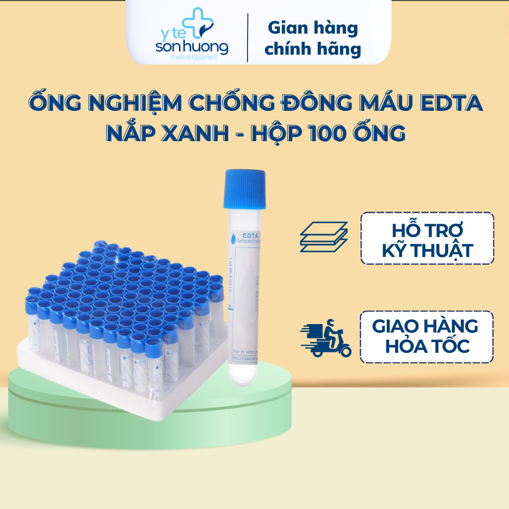 Ống Nghiệm Chống Đông Máu EDTA Nắp Xanh - Hộp 100 ống
