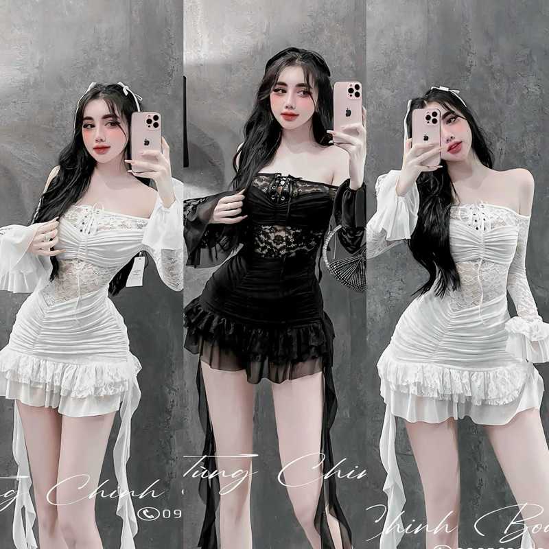 Đầm body Dẻo ren tua rua lưới hàng Cao cấp hình sàn