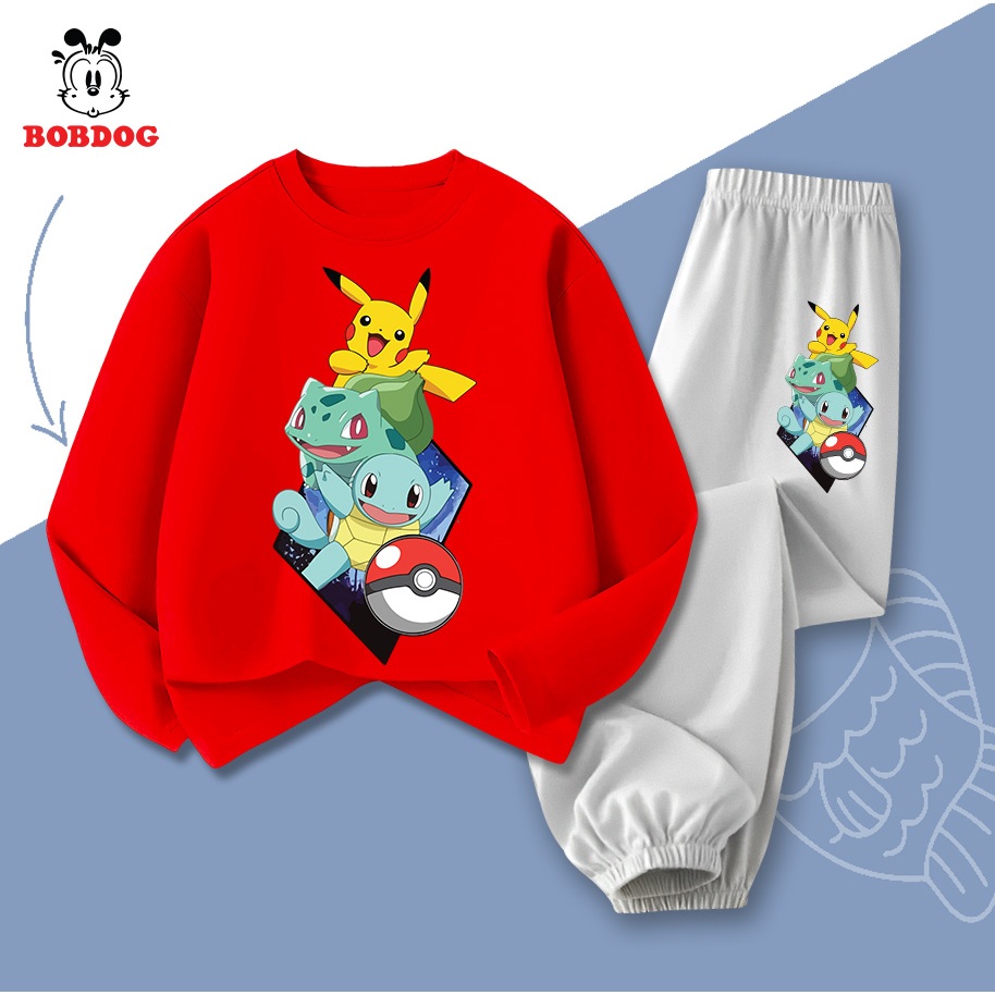 Bộ dài tay bé trai BOBDOG 2024, set quần áo thu đông chất liệu cotton in hình POKEMON-TW-KS01 cho bé