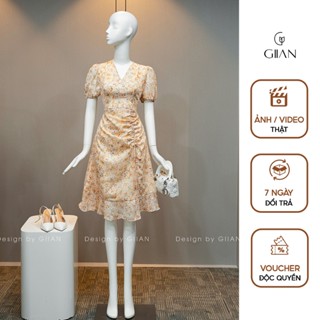 Váy hoa nhí dáng dài tay bồng thiết kế đuôi cá nhún eo rút dây cổ V chính hãng GIIAN - VA1371