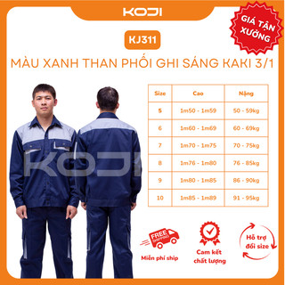 Bộ Quần Áo Bảo Hộ Lao Động KOJI KJ311 Màu Xanh Than Phối Ghi Sáng Vải Kaki 3/1 Dày Dặn Bền Bỉ Phù Hợp Công Nhân Kỹ Sư