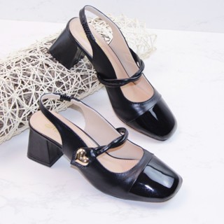 Giày cao gót vuông 6p bít mũi nối 2 dây mảnh xoắn ngang khóa dán trái tim hở gót - BM130