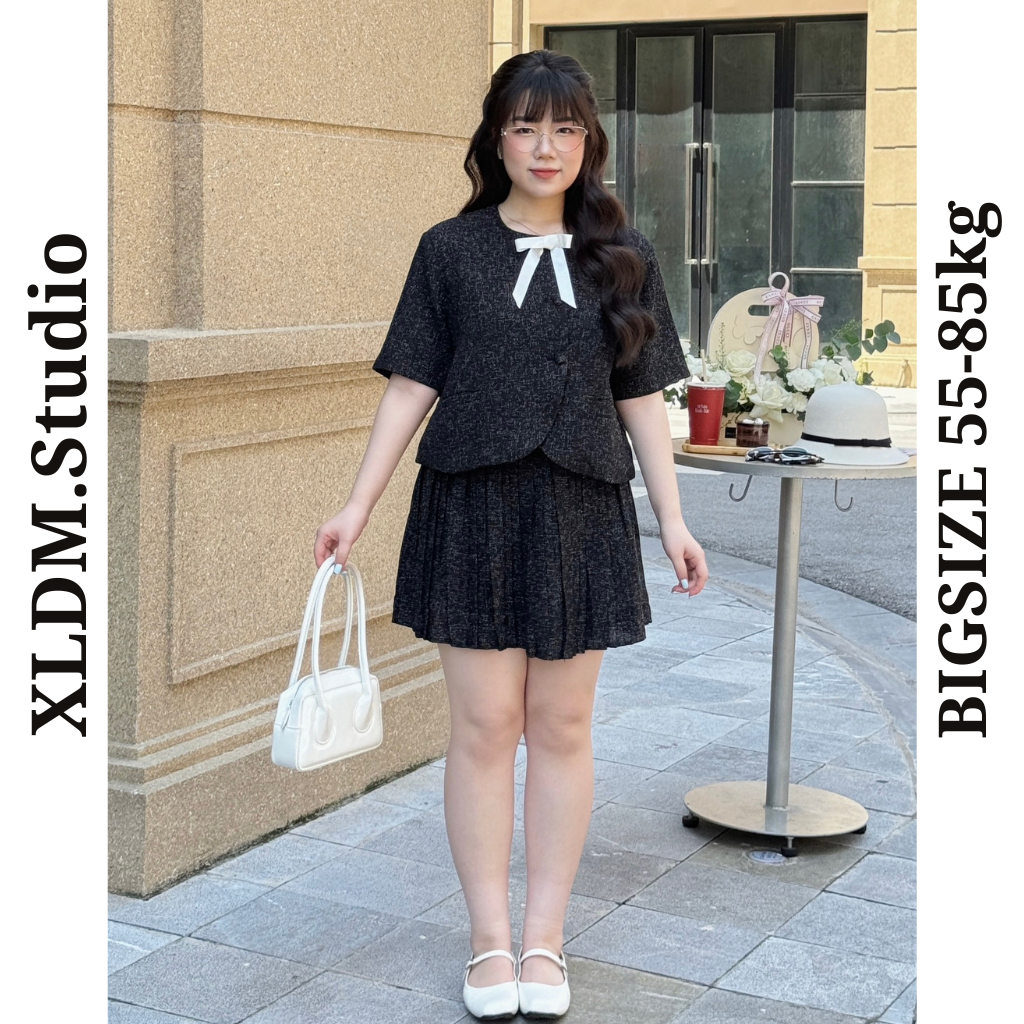 Set váy BIGSIZE dạ tweet thiết kế, áo blazer hai lớp chân váy xếp ly có quần bảo hộ ( Selina set)