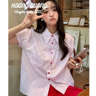 Áo Sơ Mi Nữ Kiểu Dáng Hàn Quốc Họa Tiết Kẻ Sọc Khuy Đính Màu Thời Trang Nữ