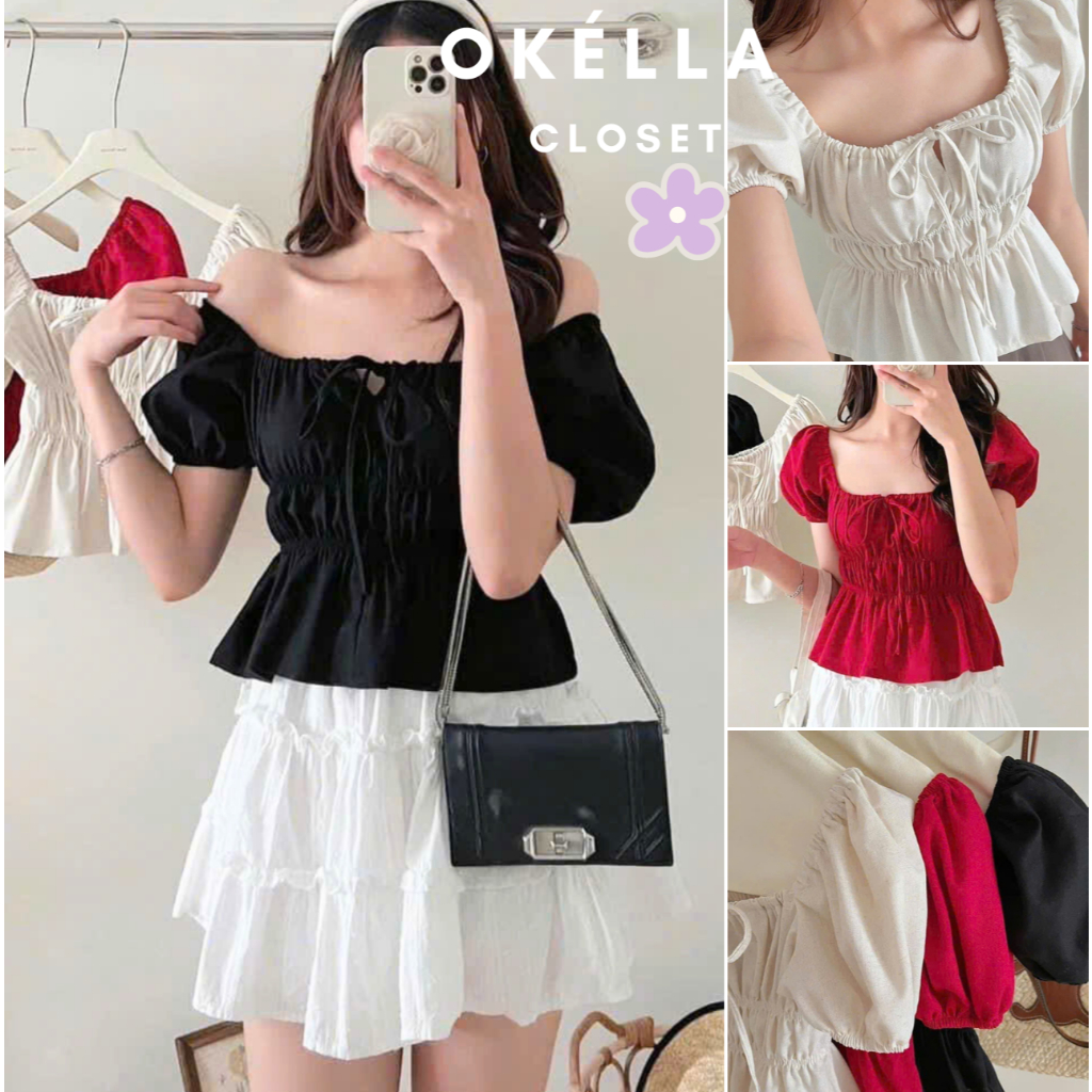 Áo Babydoll Linen tay phồng tiểu thư công chúa, Áo bo chun thân nơ coquette xinh xắn Okélla