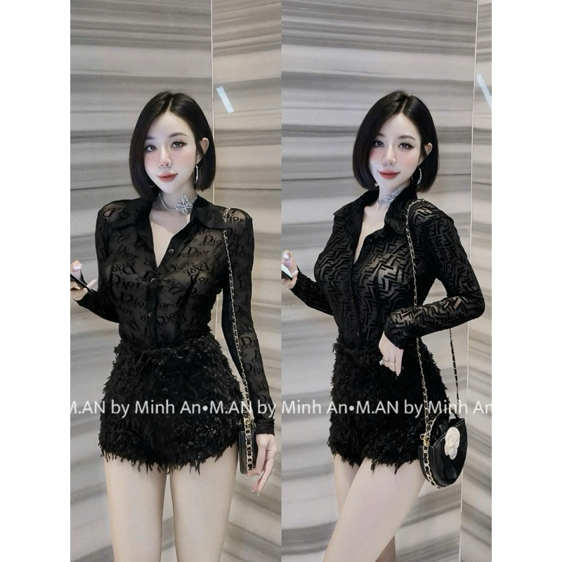 Set áo sơmi ren chữ nhung mix chân váy ngắn dáng ôm hách dáng