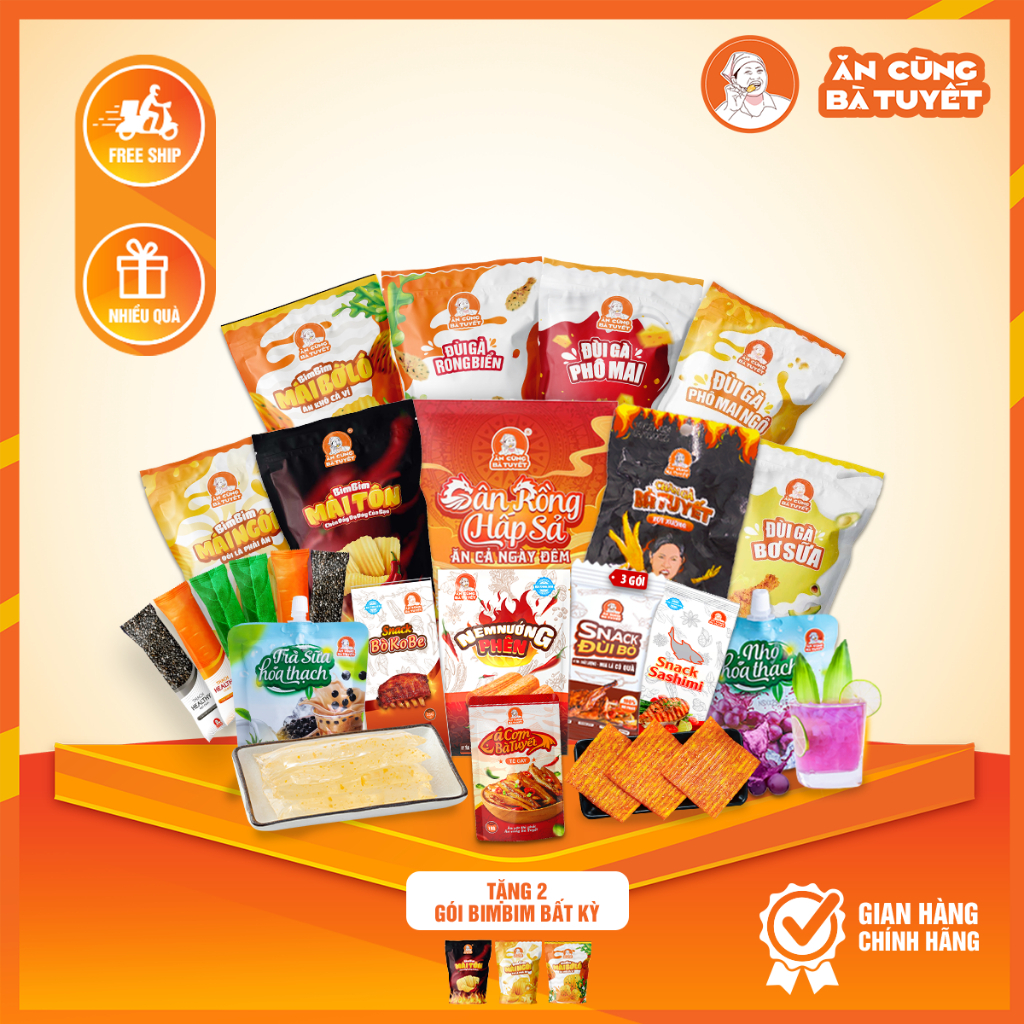 Đồ ăn vặt Bà Tuyết, Snack quẩy đùi gà rong biển, phô mai, Tăm cay, Thạch Nho, Cá Cơm Cay Tê.