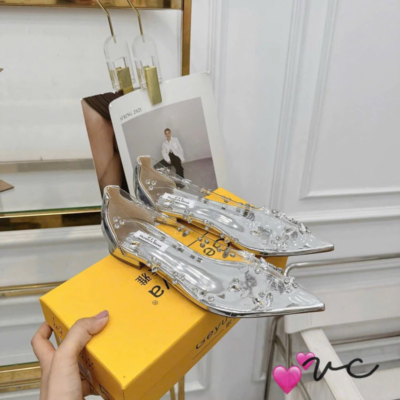 (Hàng ĐẾ ĐỎ Cao Cấp) Giày búp bê pha lê trong suốt đính đá 2cm, hàng ĐÁ bấm khuy - kín mũi không hở | BigBuy360 - bigbuy360.vn