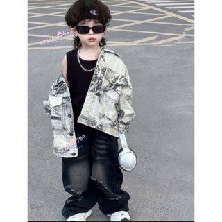 Bộ áo khoác Jean loang và quần Jean rách cho bé trai Jin Kids từ 9-30kg Sơ Mi