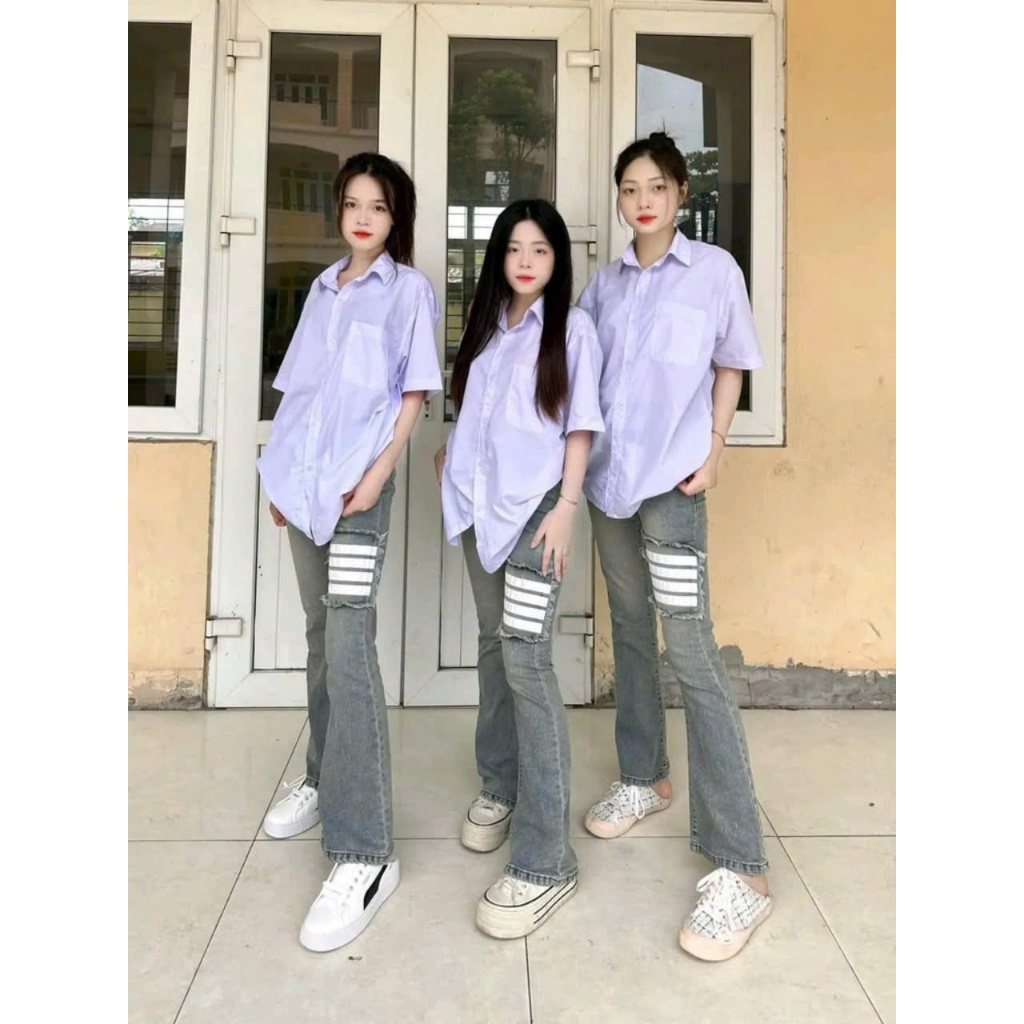 Quần jean ống loe  in 4 vạch màu xanh bụi  và đen siêu hot kèm ảnh thật , quần bò loe kẻ vạch gơn ph