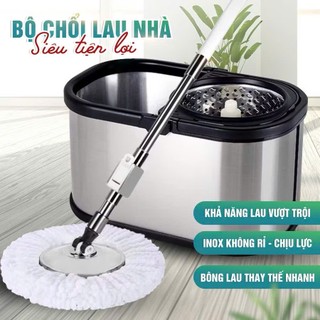 Bộ cây lau nhà tự xoắn inox có thể xoay 360 độ đi kèm xô dung tích lớn và bông lau nhà.