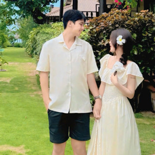 Set bộ sơmi đôi trắng kem lệch vai dáng dài siêu xinh