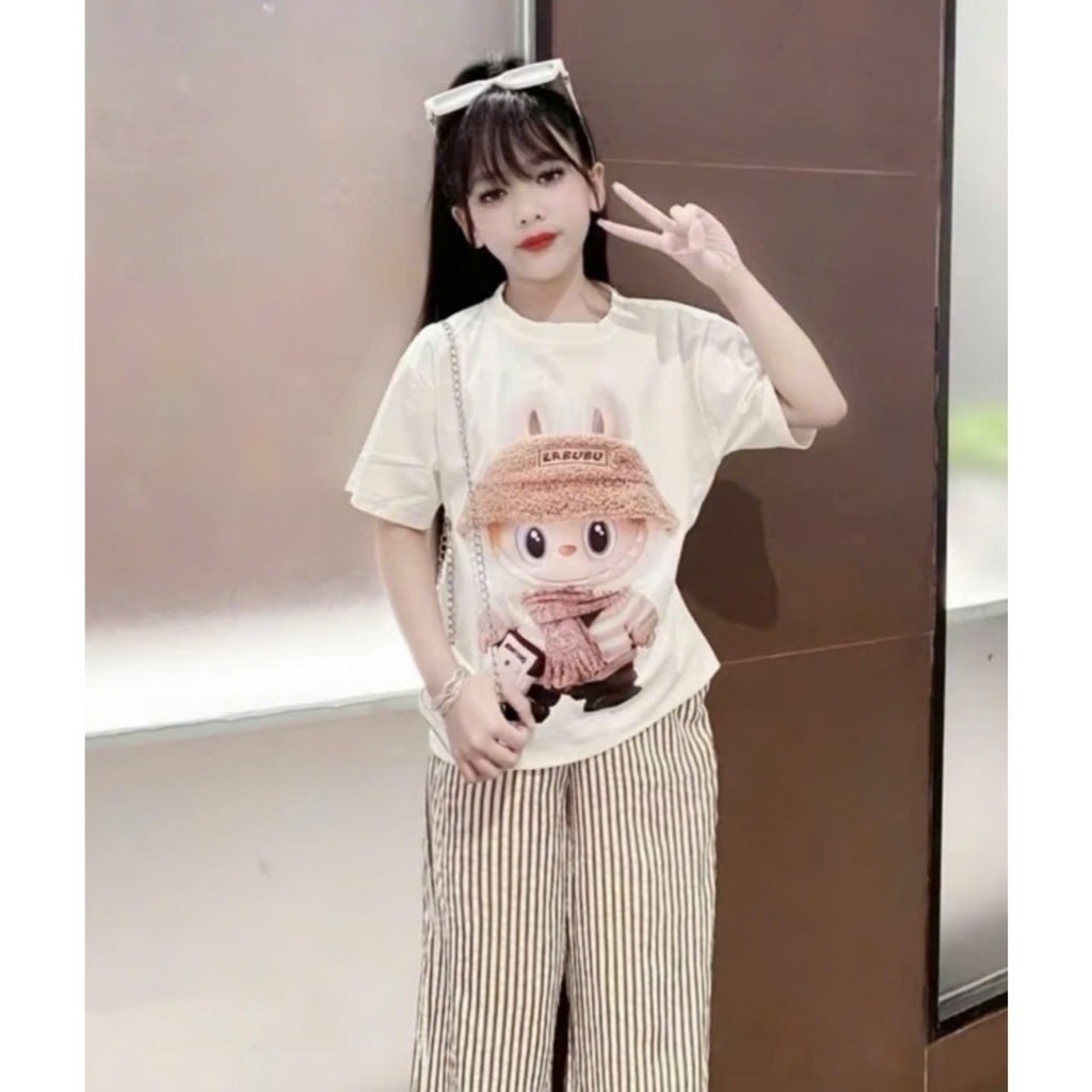 BỘ ÁO THUN LABUBU QUẦN XUÔNG KẺ SỌC CHO BÉ GÁI 13-44KG.