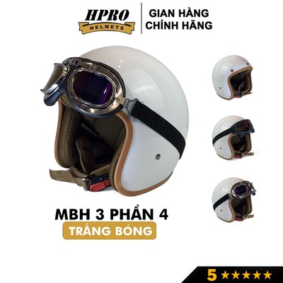 Mũ bảo hiểm 3/4 đầu Sundy Helmets, màu trắng bóng tinh khôi, hiện đại, kèm kính UV, phi công, Freesize (54-58cm)