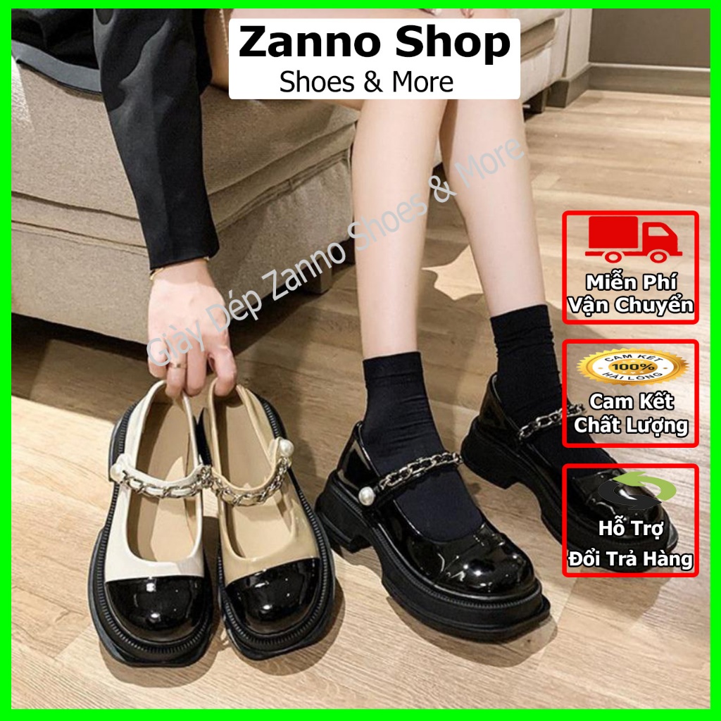 (Form To Đặt Lùi 1 Số) Giày Đốc Nữ Búp Bê Quai Xích Chất Da Bóng Cao 5P , Quai Xích Đế PU
