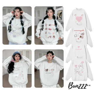 BST Áo sweater cổ tròn nỉ bông xám trắng form rộng nhiều hình phong cách Coquette BUN222