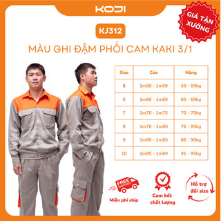 Bộ Quần Áo Bảo Hộ Lao Động KOJI KJ312 Màu Ghi Đậm Phối Cam Vải Kaki 3/1 Dày Dặn Bền Bỉ Phù Hợp Công Nhân Kỹ Sư