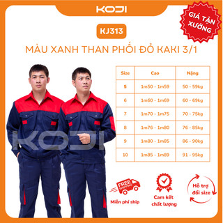 Bộ Quần Áo Bảo Hộ Lao Động KOJI KJ313 Màu Xanh Than Phối Đỏ Vải Kaki 3/1 Dày Dặn Bền Bỉ Phù Hợp Công Nhân Kỹ Sư