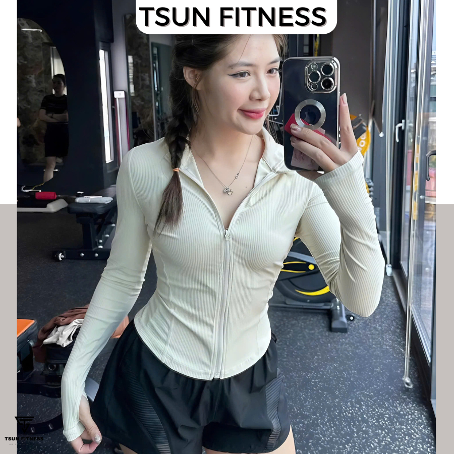 Áo khoác thể thao nữ chất thun poly gân tay dài tôn dáng ôm body tập gym yoga Tsun Fitness