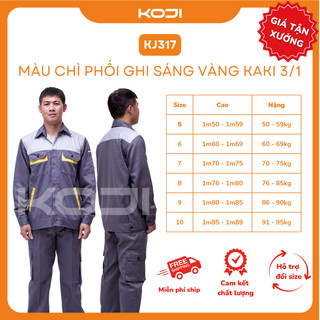 Bộ Quần Áo Bảo Hộ Lao Động KOJI KJ317 Màu Chì Phối Ghi Sáng Và Vàng Vải Kaki 3/1 Dày Dặn Bền Bỉ Phù Hợp Công Nhân Kỹ Sư