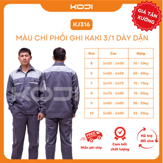 Bộ Quần Áo Bảo Hộ Lao Động KOJI KJ316 Màu Chì Phối Ghi Sáng Vải Kaki 3/1 Dày Dặn Bền Bỉ Phù Hợp Công Nhân Kỹ Sư