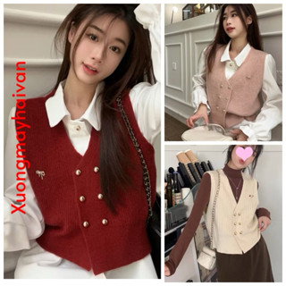  HV - Áo len gile nữ cổ tim 6 khuy tag nơ nhiều màu sắc áo len gile nhiều kiểu 